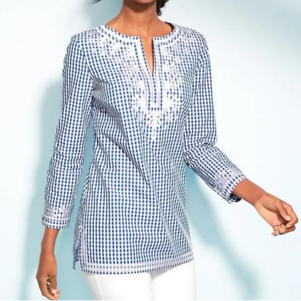 Talbots Navy Gingham Embroidered Tunic Size M